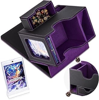 FlooyesMTG Commander Deck Box, Card Storage Box Fits 100 Double-Sleeved Cards, 35pt Card Brick, Dice Tray & Dice Pool, PU Leather Strong Magnet Card Deck Case for Magic Commander TCG CCG, Purple