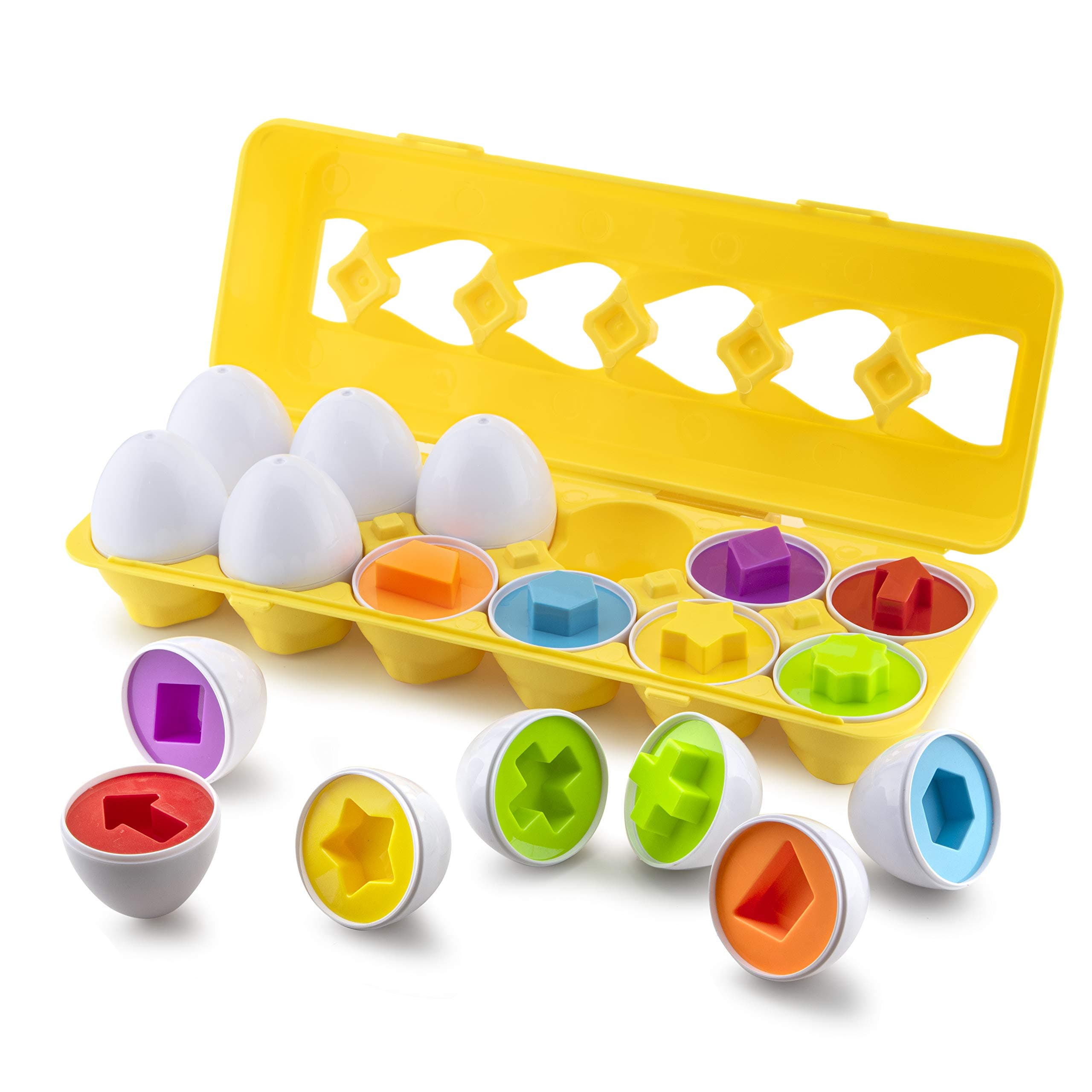 Play Brainy Shape and Color Matching Eggs – Easter Egg Toy – Educational Montessori STEM Toy for Toddlers and Preschoolers – Great for Color and Shape Recognition Development – Set of 12 Shape Eggs,