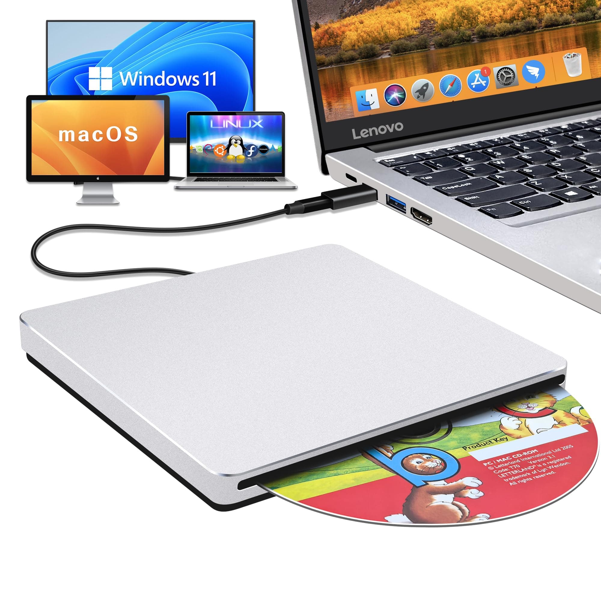 USB C SuperDrive for Mac: External CD/DVD Drive Burner Player for Laptop Windows Apple Plug & Play for Movie Music Data Backup with USB3.0 Adapter Aluminum(Silver)