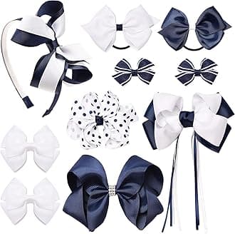 DEEKA Hair Bows Set with Hair Clips, Headbands and Ponytail Holders - Multi-styled Accessories for Little Teen Girls - Navy/White