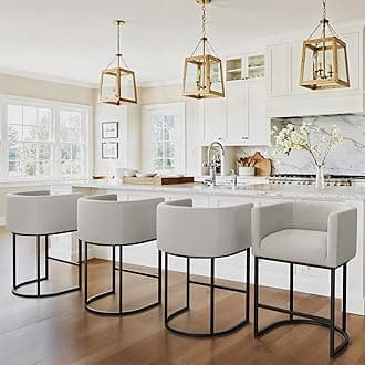 LUE BONA 27" H Counter Height Bar Stools Set of 3, Modern Barrel Counter Stools with Backrest and Arms, Black Metal Frames, Linen Fabric Upholstered Accent Barstools for Kitchen Island, Light Gray