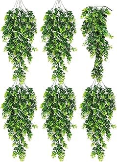RECUTMS 6 Pack Artificial Eucalyptus Plants UV Resistant Plastic Hanging Decor for Indoor Outdoor Walls, Weddings, Patios, Porches (Green6)