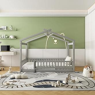 Bellemave Full Size House Bed Frame, House Beds for Kids, Montessori Floor Bed with Fence, Playhouse for Kids, Gray
