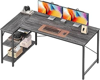 Huuger L Shaped Desk, 55 Inches Computer Desk with Reversible Storage Shelves, for Gaming Corner Home Office Writing Study, Metal Frame, Gray