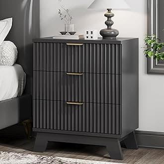 Fluted Nightstand, 24" Wide Side Table with 3 Large Storage Drawers, Mid Century Modern Wood Night Stand with Metal Handle, Wooden Bedside End Table for Bedroom, Living Room, Closet, Black