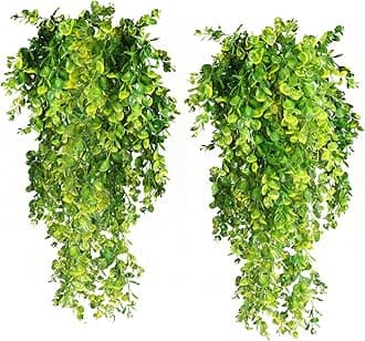 RECUTMS 4 Pack Artificial Plants Artificial Hanging Plants Faux Eucalyptus Leaf Greenery Fake Hanging Eucalyptus Plant for Wall House Room Patio Indoor Outdoor Home Shelf Office Decor (Yellow)