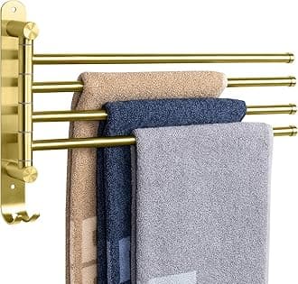 NearMoon Swivel Towel Rack, Thicken SUS304 Stainless Steel 4-Arm Towel Bar, Space Saving Wall Mounted Towel Holder with Hook, Rustproof Swing Out Towel Hanger for Bathroom, Kitchen (Brushed Gold)