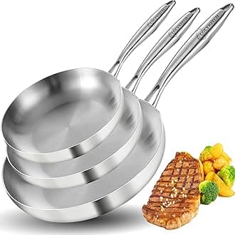 8+10+12 Inch Tri-Ply Stainless Steel Frying Pan Set– Professional Skillet Fast & Even Heating, Induction & Oven Safe Cookware for Modern Home Kitchens, Detachable Handle