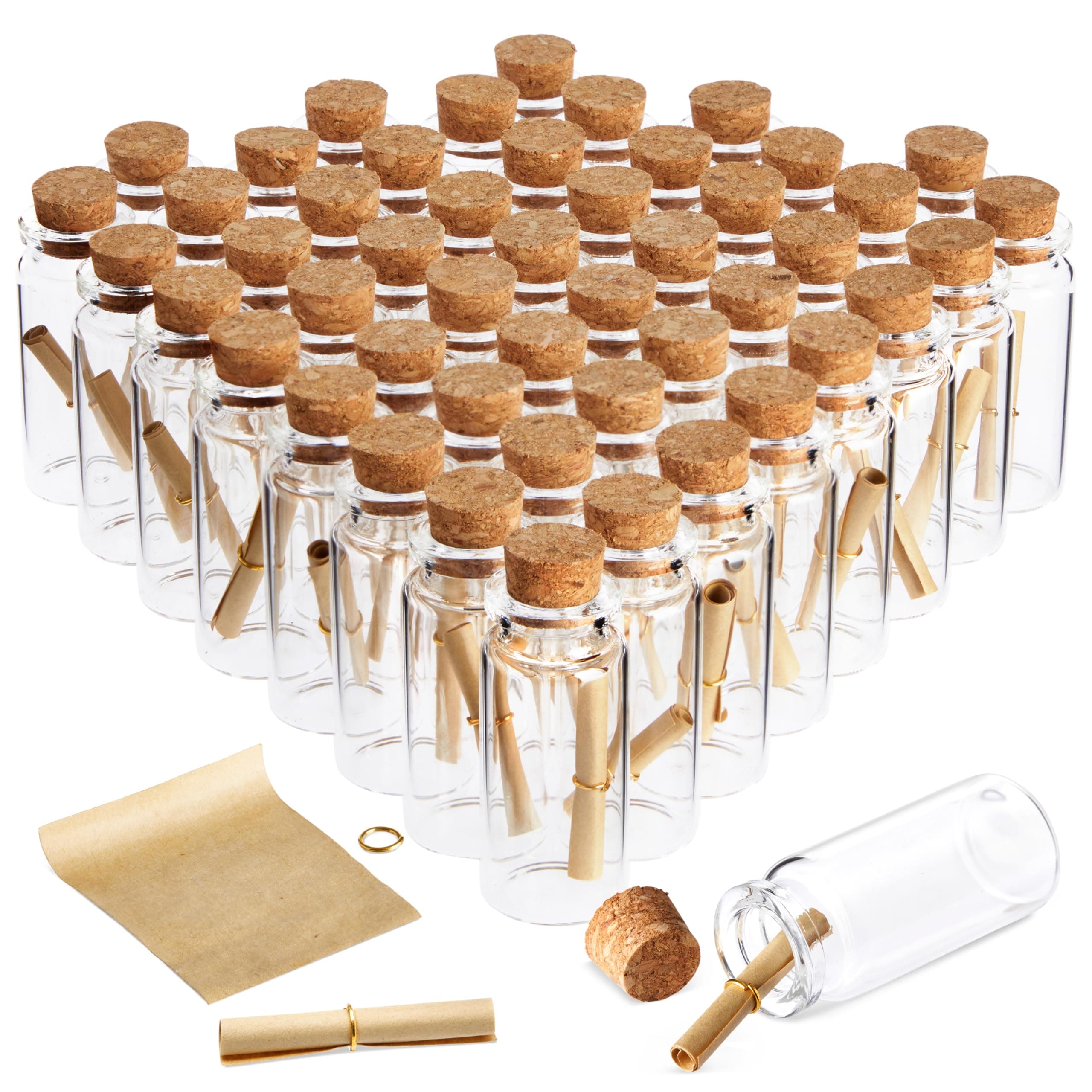 Bright Creations 48 Pack 10ml Create A Message In A Bottle Kit, Bulk Small Glass Cork Bottles with Mini Scrolls for Time Capsules, Wedding Favors