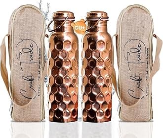 Craft Trade 100% Pure Copper Water Bottle 34 Oz, Ayurveda Copper Bottle for Drinking, Handcrafted Honeycomb Finish with Jute Carry Case, Boosts Immunity & Digestion, Leak-Proof, BPA-Free, 2 Pk
