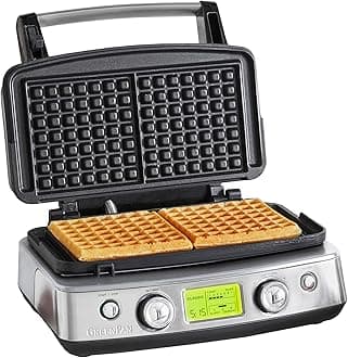 GreenPan Elite 2-Square Belgian & Classic Waffle Iron, Healthy Ceramic Nonstick Dishwasher Safe Plates, Adjustable Shade/Crunch Controls, Wont Overflow, Easy Cleanup Breakfast, Stainless Steel