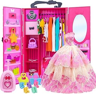 ZITA ELEMENT 11.5 Inch Girl Doll Closet Wardrobe with Clothes and Accessories Set 101 Pcs Including Wardrobe Suitcase Clothes Dresses Swimsuits Shoes Hangers Necklace Bags and Other Stuff
