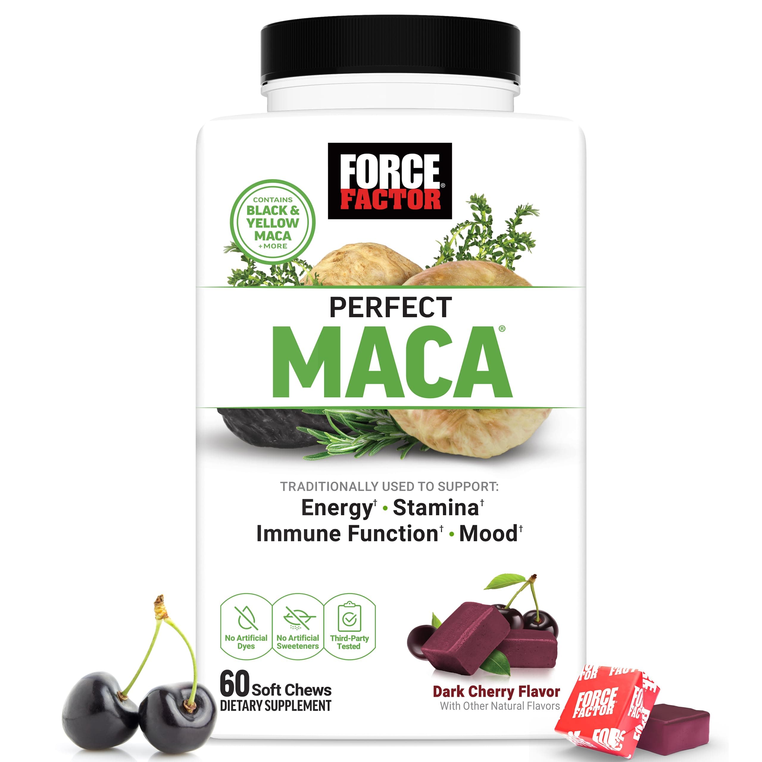 Force Factor Perfect Maca, Maca Root and DIM Supplement with Saffron to Boost Energy and Mood, with Yellow and Black Maca, Vitamins, Minerals, and Antioxidants, Dark Cherry Flavor, 60 Soft Chews