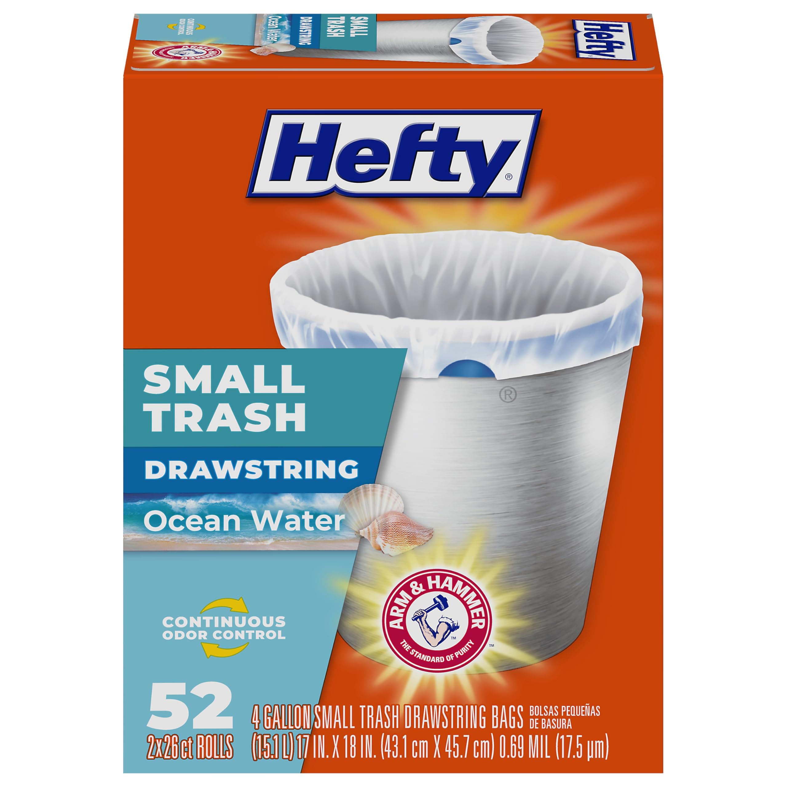 Hefty Small Garbage Bags, Drawstring, Ocean Water Scent, 4 Gallon, 52 Count
