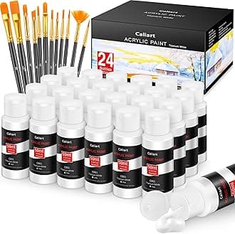 Caliart White Acrylic Paint With 12 Brushes, 24 Titanium White Paint (59ml, 2oz) Art Craft for Artists Kids Students Beginners & Painters, Aesthetic Cute Preppy Stuff School Supplies, Canvas Halloween