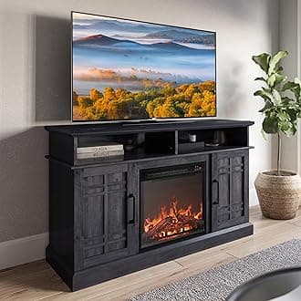 BELLEZE 48" TV Stand with 18" Electric Fireplace Heater, Modern TV Stand for TVs up to 50", Entertainment Media Stand with Open Shelves and Storage Cabinets for Living Room, Bedroom (Rustic Grey)