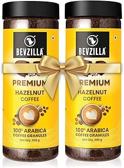 Bevzilla Hazelnut Flavoured Instant Coffee Powder Jar - 400GM (200gx2) |Make 100 Cups|Arabica Beans|Best for Espresso, Latte & Cappucino|Hot & Cold Brew Ready