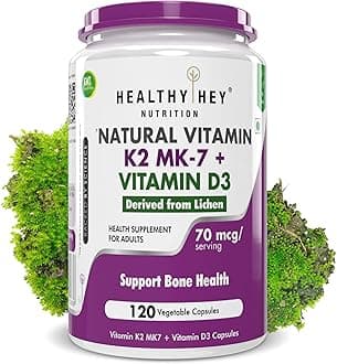 HealthyHey Nutrition Vitamin D3 K2 Supplement Capsules | D3 Derived from Natural | 100% Veg Vitamin K2 Mk7 + Vitamin D3 Capsule | Non-GMO |Non -Synthetic (120 Veg. Capsules)