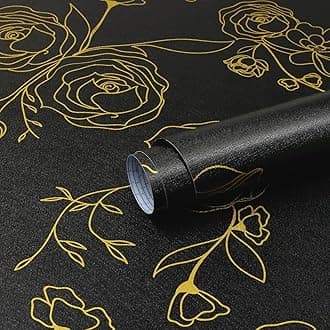 Rylan 45 * 1200 Peel and Stick Wallpaper Gold and White Contact Paper Floral Wallpaper Self Adhesive Removable Wallpaper for Bedroom Covering Vinyl Rolls(Black & Gold)