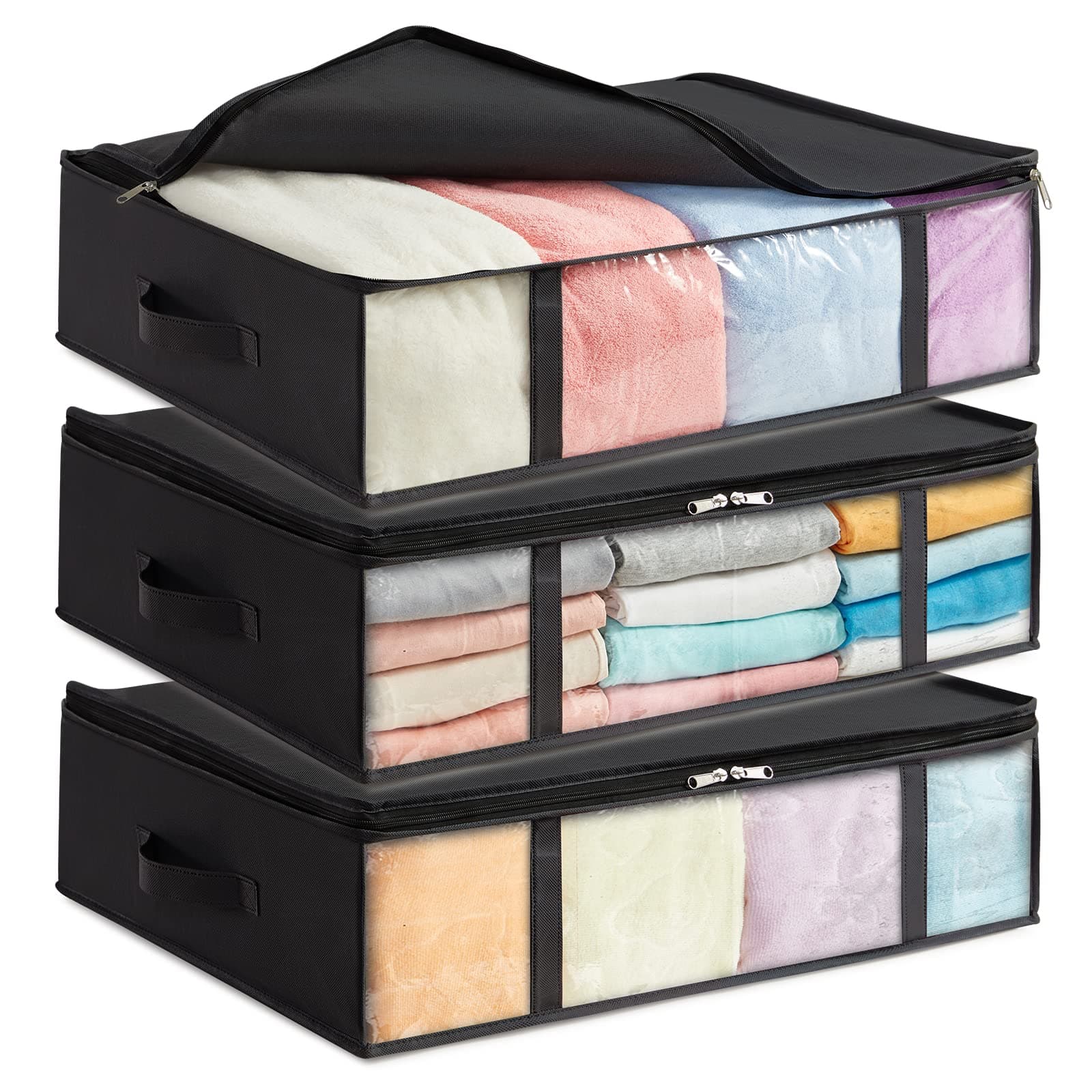 40L Under Bed Storage Containers 3 Pack, Foldable Clothing Storage Bags with Front Clear Window, Closet Organizers and Storage for Towels, Clothes, Blankets, Black