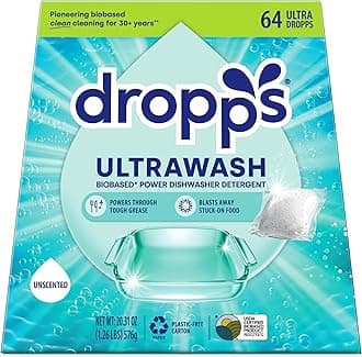 Dropps UltraWash Dishwasher Detergent Pods, Unscented (64 Ct) - Free & Clear | Cuts Grease & Stuck-On Food | Sparkling Dishes & Glasses | Residue-Free | Clean Ingredients | Plastic Free Packaging