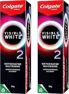 Colgate Visible White O2, Teeth Whitening Toothpaste (50g) for noticeably whiter teeth starting in 3 days. Peppermint Sparkle with Active Technology, Enamel Safe Teeth Whitening (Pack of 2)