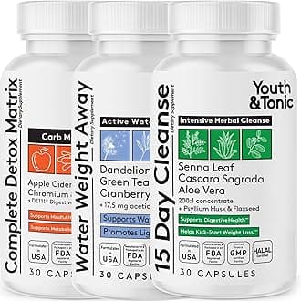 Youth & Tonic 3PK Detox Cleanse Kick Off Weight Management & Bloating Support – 15 Day Colon & Gut Cleanse, Water Weight Away & Detox Matrix Complex – 90 Pills