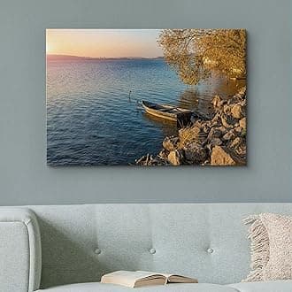 wall26 Canvas Print Wall Art Serene Lakeside Boat Peaceful Photography Realism Bohemian Scenic Relax/Calm Cool for Living Room, Bedroom, Office - 32"x48"