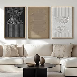 Large Framed Black and White Neutral Abstract Wall Art for Living Room, 3 Piece Boho Canvas Prints Paintings Artwork for Walls, Minimalist Geometric Pictures for Hallway Office Wall Decor 24x36 In