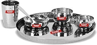 Sumeet Stainless Steel Handcrafted Hammered Texture Heavy Gauge Mirror Finish Royal Dinner set of 6 Pcs (1 Plate, 1 Small Halwa Plate, 1 Big Bowl/Wati, 1 Small Bowl/Wati, 1 Glass, 1 Spoon)
