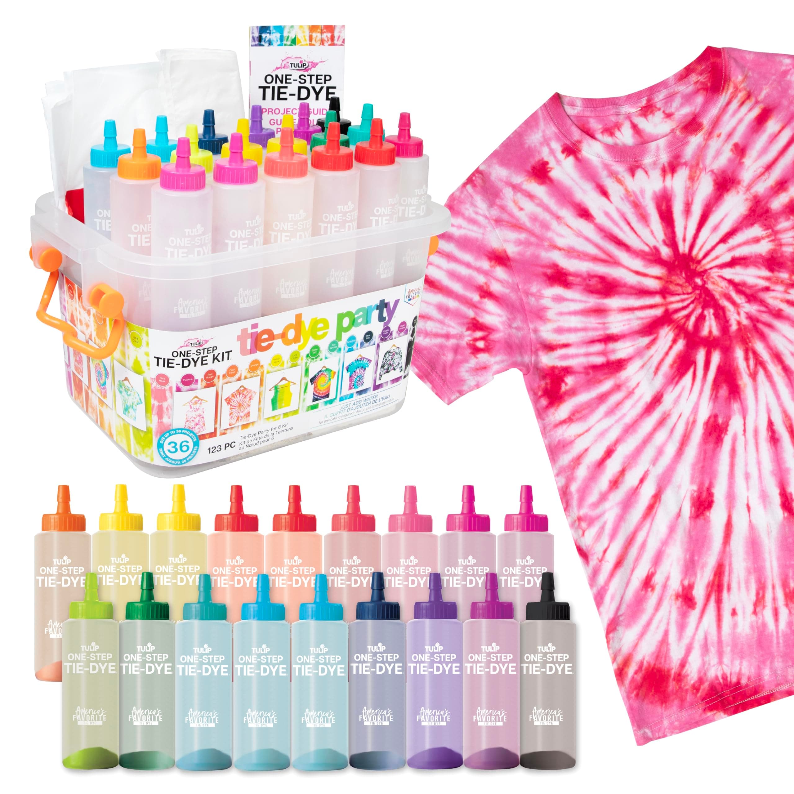 One-Step Tie-Dye Party, 18 Pre-Filled Bottles, Creative Group Activity, All-In-1 Fashion Design Kit, 1 Pack, Rainbow