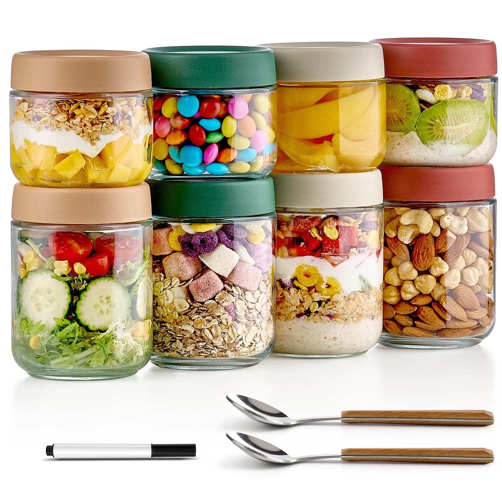 Qipecedm 8 Pack Overnight Oats Containers with Lids, Large & Small Glass Mason Jars 16oz & 10 oz, Breakfast Oatmeal Container to Go, Salad Meal Prep Jars for Food Storage, Mush Chia Seed Pudding Jars