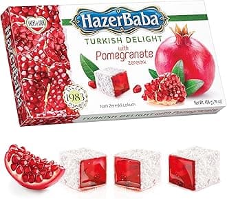 Hazer Baba Turkish Delight Candy, Pomegranate & Zereshk Flavored, 16oz (Pack of 1), Gourmet Snack Box, Traditional, Vegan Snack, Turkish Lokum, Sweets, Loukumi, Delicias Turcas, Halal, Kosher