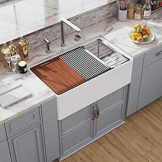 30 White Farmhouse Sink Workstation, Hugsleek Undermount Farm Kitchen Sink 30x20 inch Apron Front White Porcelain Ceramic Fireclay Sinks Ledge Accessories Single Bowl Under Counter Farmer Sinks Basin