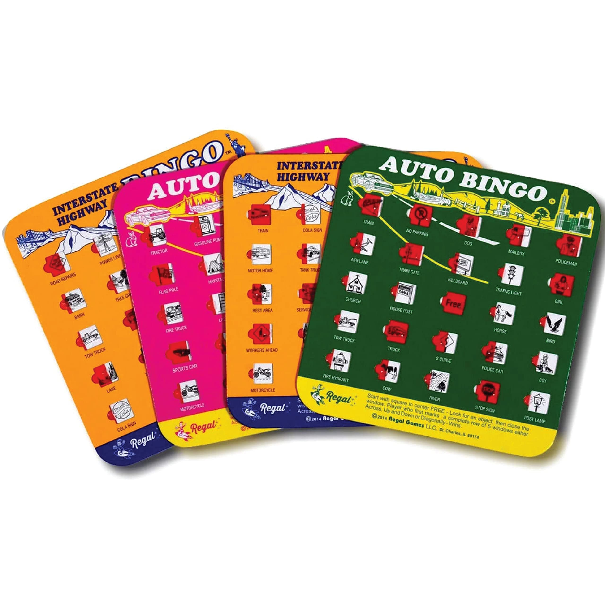 Finger-Tip Shutter Bingo Cards with Sliding Windows - Interstate Bingo & Auto Bingo Game - Assorted Colors Travel Bingo Game Set Kids - Reusable, No Chips & Daubers Needed - 4 Packs