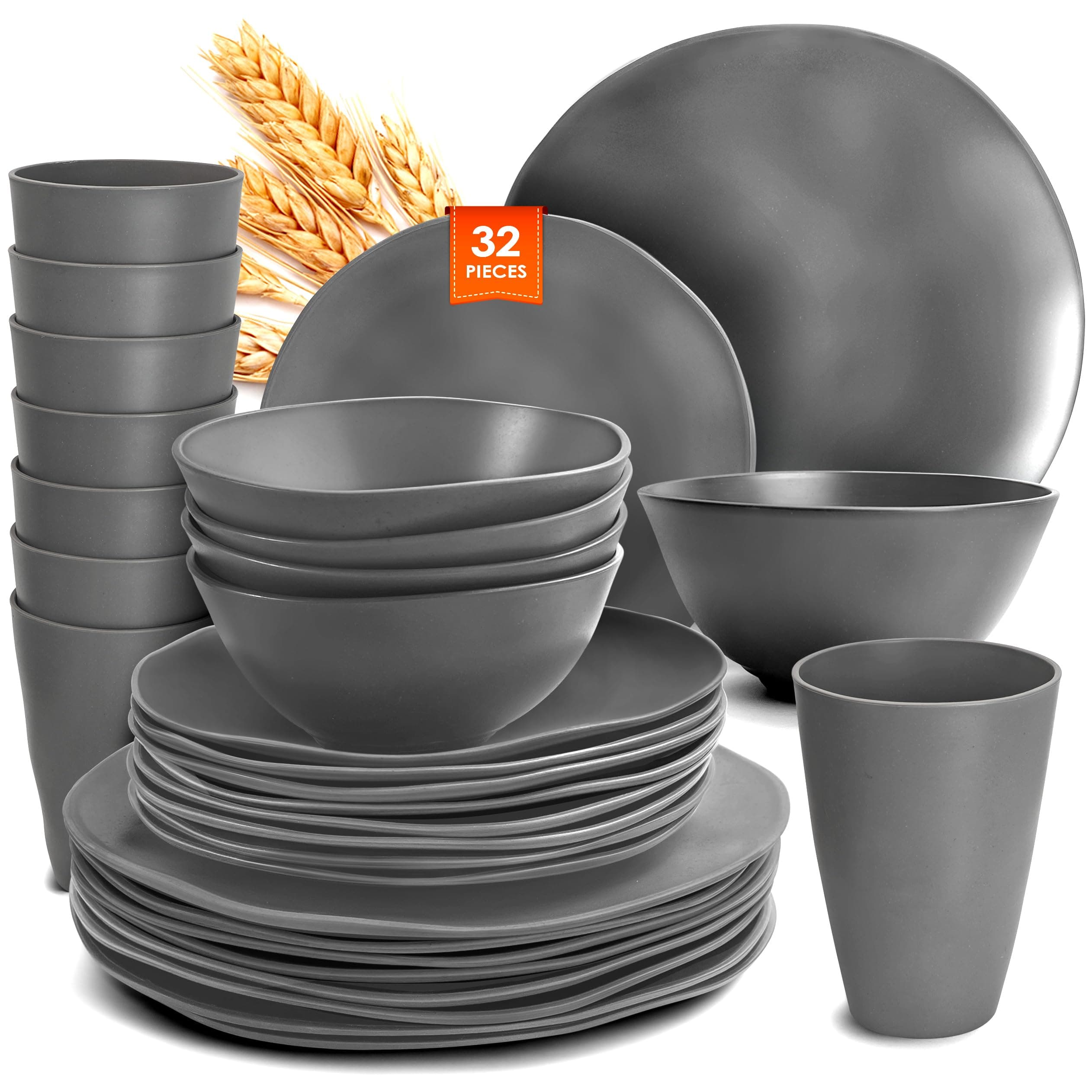 Teivio 32-Piece Kitchen Plastic Wheat Straw Dinnerware Set, Service for 8, Dinner Plates, Dessert Plate,Cereal Bowls,Cups, Unbreakable Plastic Outdoor Camping Dishes,Irregular Deep Gray