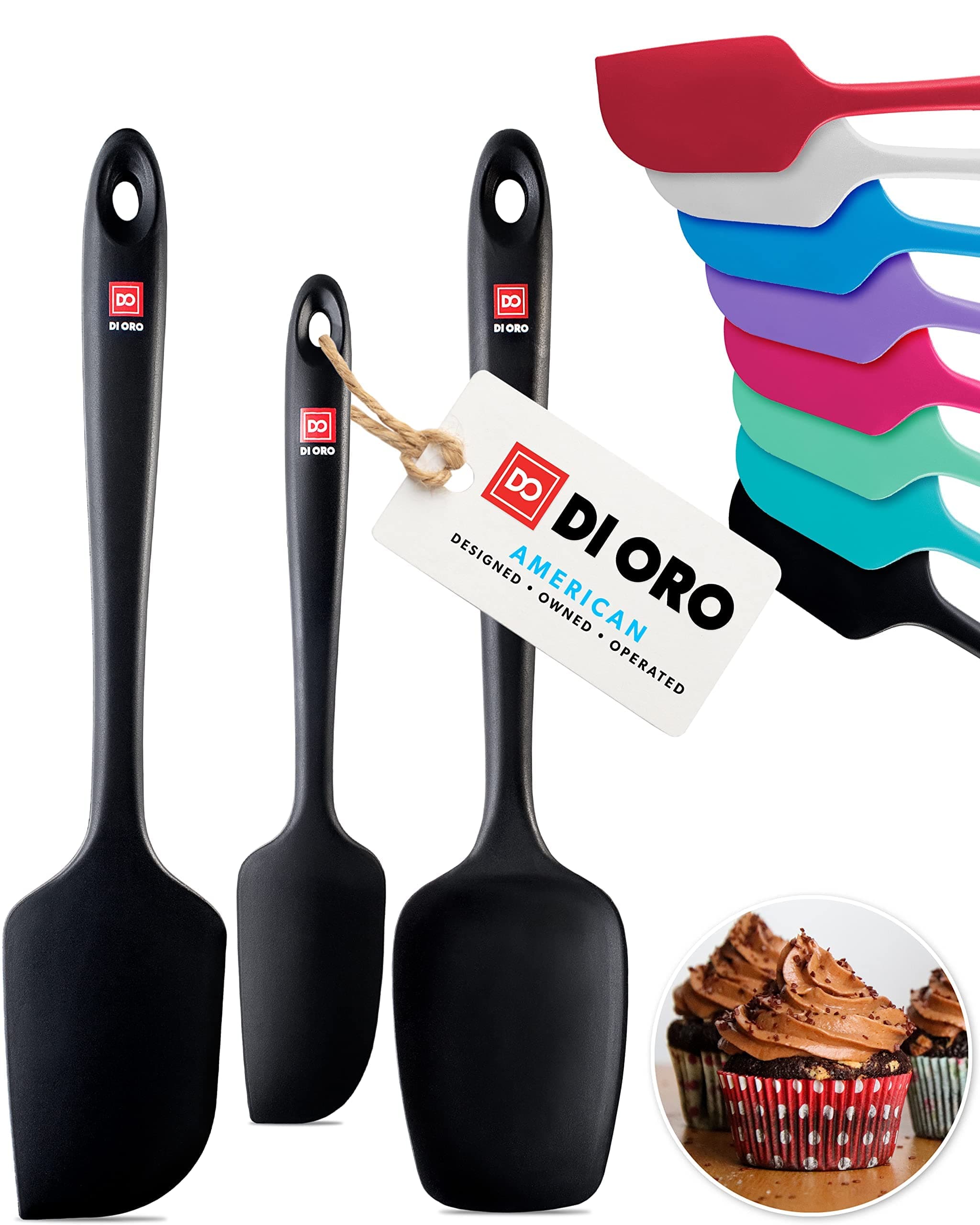 DI ORO Silicone Spatula Set - Rubber Kitchen Spatulas for Baking, Cooking, & Mixing - 600°F Heat-Resistant & BPA Free Silicone Scraper Spatulas for Nonstick Cookware - Dishwasher Safe (3pc, Black)