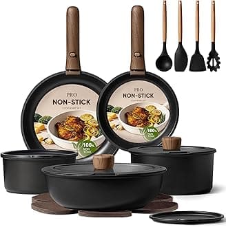 CAROTE 17pcs Pots and Pans Non Stick, Cookware Sets Detachable Handle, Induction Kitchen Pots and Pans,NonStick Cooking Set, Oven/Dishwasher/Fridge Safe, Space Saving