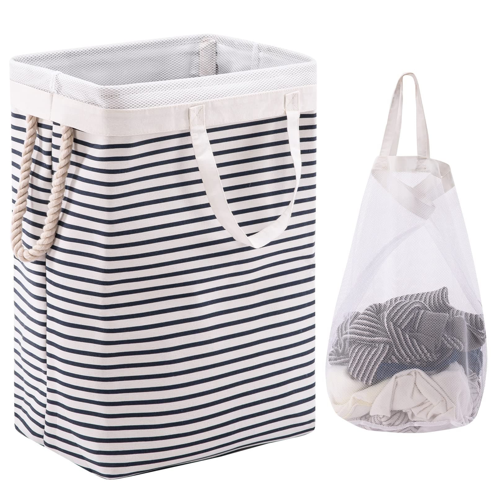 TECHMILLY72L Large Laundry Hamper with Removable Bag, Collapsible Laundry Basket with Rope Handles, Dirty Clothes Hamper for Bedroom, Living Room, Clothes Toys Organizer, Blue Stripe