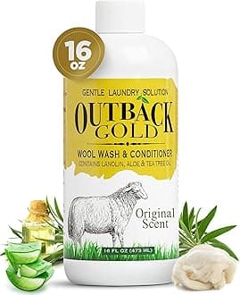 - Outback Gold Wool Wash, 16 oz, Original Floral Scent, Plant Based, HE Compatible, Liquid Laundry Detergent, Perfect Soap for Wool, Cashmere, Silk, Sheepskin, Baby Items, Mild, Neutral pH, Made in USA