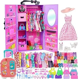 - 83 Pcs Dolls & Accessories with Purple Closet Wardrobe for 11.5 Inch Doll Dress Up Set Including Wardrobe Shoes, Wallet, Dress Hangers, Brush, Necklace, Pet and Other Accessories