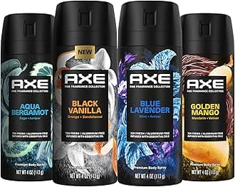 AXE Fine Fragrance Collection Premium Deodorant Body Spray for Men - Variety Pack - Blue Lavender, Aqua Bergamot, Golden Mango, & Black Vanilla - Pack of 4 72H Odor Protection, Aluminum Free, 4 oz