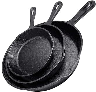 Cast Iron Skillet 3-Piece Set - Heavy-Duty Professional Restaurant Chef Quality Pre-Seasoned Pan Cookware Set - 10", 8", 6" Pans - For Frying, Saute, Cooking, Pizza & More,Black