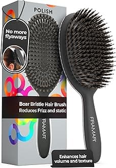 FRAMAR Soft Boar Bristle Hair Brush for Women - Natural Bristle Brush for Fine Hair, Black