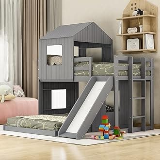 Merax Twin Over Full Bunk Bed Frames Loft Bed with Slide, House Roof, Window and Safety Guardrails for Boys or Girls, Gray