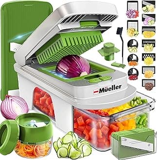 Pro-Series All-in-One, 12 Blade Mandoline Slicer for Kitchen, Food Chopper, Vegetable Slicer and Spiralizer, Cutter, Dicer, Grater, Kitchen Gadgets Sets with Container, White Sand/Pastel Green