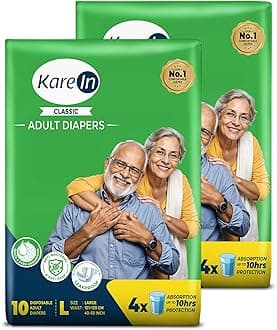 KareIn Classic Adult Diapers, Large, Waist Size 101-139Cm (40"-55"), Tape Style, Unisex, High Absorbency, Leak Proof, Wetness Indicator, Pack of 2, 20 Count