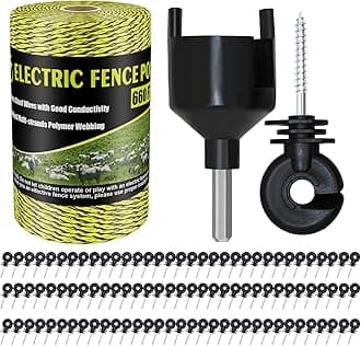 Electric Fence Poly Wire 660 Feet 200 Meters 1/8" Dia Portable Electric Fencing Polywires and 100 Pcs Black Electric Fence Insulator (Grid System Accessories for Animal Husbandry Electronic)