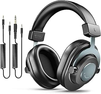 Studio Monitor Headphones for Recording-Over-Ear Wired Headphones for Podcast Monitoring, Streaming Comfortable Equipment with Detachable Cables 3.5mm or 6.35mm Jack, Black, on PC/Mixer-H8