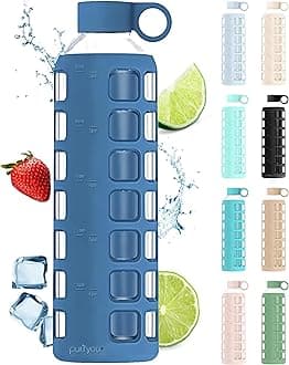 purifyou Premium Glass Water Bottle with Non-Slip Silicone Sleeve & Stainless Steel Lid Insert, 12/22 / 32 oz (Chinese Porcelain, 32 oz)